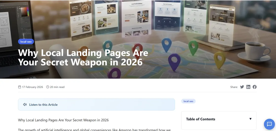 Sample article published by AutomateSEO — hero image, audio player, table of contents and embedded AI agent
